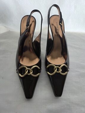 Etienne Aigner Dark Brown Patent Leather Slingback Pumps with Gold Hardware, 9W